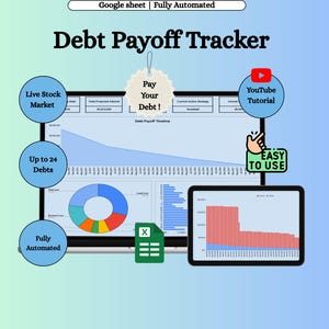 Może przedstawiać: Cyfrowy tracker spłaty zadłużenia wyświetlany na monitorze komputera i tablecie. Ekran pokazuje wykresy i grafiki, z tekstem "Debt Payoff Tracker" na górze. Dodatkowy tekst to "Live Stock Market", "Up to 24 Debts" i "Fully Automated".