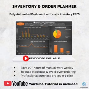 Könnte beinhalten: Ein weißer Laptop-Bildschirm zeigt ein Dashboard für die Inventar- und Auftragsplanung mit Diagrammen und Grafiken. Der Text lautet "INVENTORY & ORDER PLANNER" und "Fully Automated Dashboard with major inventory KPI'S." Zusätzlicher Text lautet "Save 10+ hours of manual work weekly."