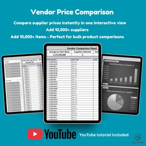 May include: Three tablets displaying vendor price comparison data. The central tablet shows a spreadsheet with item numbers and short text descriptions. The other tablets display charts and data. The image includes the YouTube logo and text.