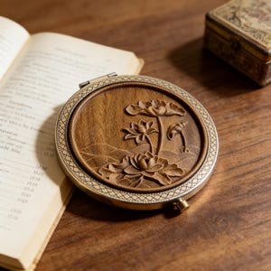 Vintage Style Lotus Vanity Set Mirror Comb Wood Zen Floral Decor Wooden Comb & Mirror Set (Butterfly & Lotus ) – Tan Mujiang main image 3