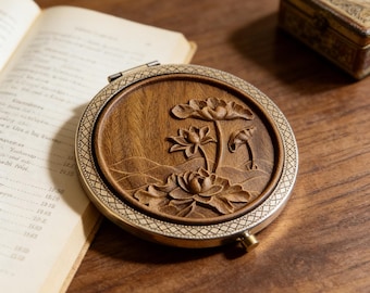 Geschnitzter Holz Lotus Taschenspiegel, Antiker Messing Zen Taschenspiegel, Botanischer Vintage Schminkspiegel, Holz Jahrestag Einzigartiges Geschenk
