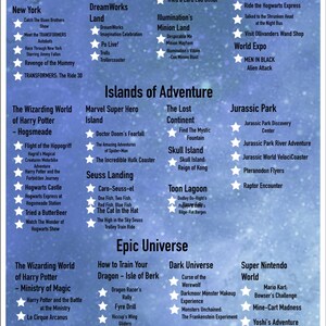 Può includere: Un elenco delle attrazioni degli Universal Studios, con attrazioni da Hollywood, New York, San Francisco e altro ancora. Include nomi di giostre e aree del parco su sfondo blu.