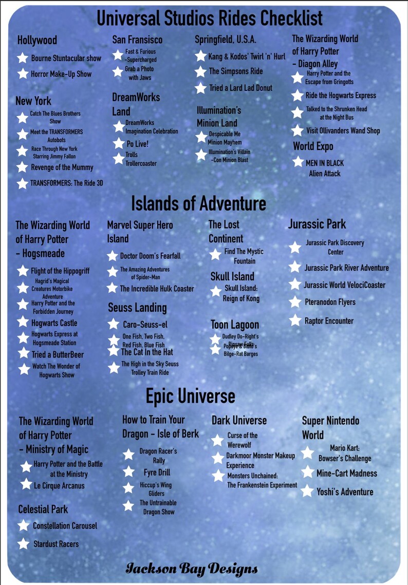 Home Rides Names Universal Studios Orlando Parks Rides Checklist - Etsy