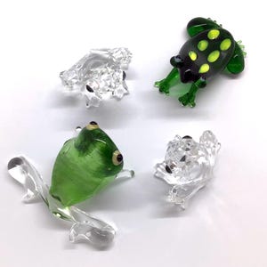 Set of 4 Glass Frog ornaments, collectible miniature vintage frogs, mixed collection.