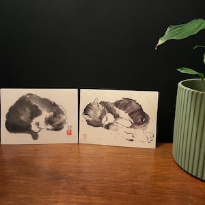 Può includere: Due dipinti quadrati ad acquerello di gatti che dormono. I gatti sono raffigurati con inchiostro nero e bianco, in uno stile minimalista. I dipinti sono esposti su una superficie di legno, con una pianta verde in un vaso scanalato sullo sfondo.