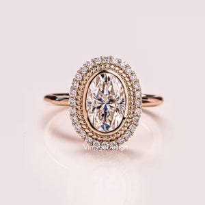 Bezel Set 2 CT Oval Cut Moissanite Diamond Ring Oval Halo Set Engagement Ring 14K Rose Gold Wedding Ring Anniversary Rings For Women