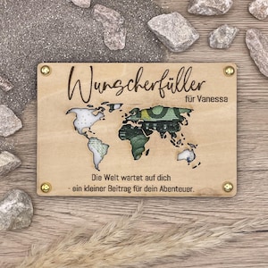 Wunscherfüller aus Holz mit ausgeschnittener Weltkarte | Geldgeschenk & Reiseliebhaber| Geschenk für Weltenbummler | nachhaltig