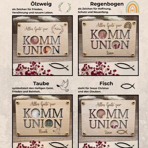 Geldgeschenk zur Kommunion und eine ausgefallene Geschenkidee in Form einer gravierten Holzkarte die auf einer zweite Holzkarte befestigt wird. Zwischen den Karten entsteht so Platz für Geldschein, Gutschein oder Botschaften. Es werden vier Symbole graviert angeboten: Christenfisch, Regenbogen, Taube und Ölzweig als Kranz um den personalisierten Namen.