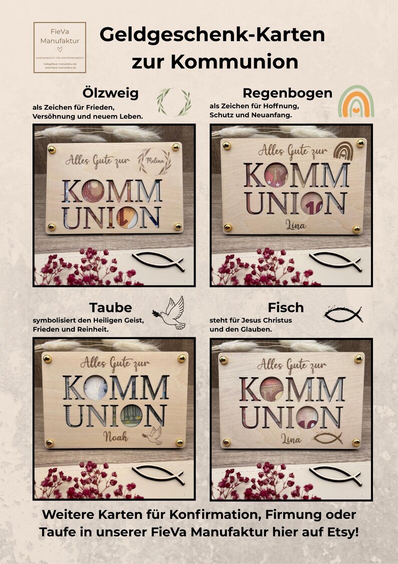 Geldgeschenk zur Kommunion und eine ausgefallene Geschenkidee in Form einer gravierten Holzkarte die auf einer zweite Holzkarte befestigt wird. Zwischen den Karten entsteht so Platz für Geldschein, Gutschein oder Botschaften. Es werden vier Symbole graviert angeboten: Christenfisch, Regenbogen, Taube und Ölzweig als Kranz um den personalisierten Namen.
