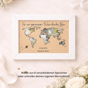 Geldgeschenk Hochzeit | Weltkarte im Bilderrahmen | Personalisiertes Hochzeitsgeschenk mit Namen & Datum | Hochzeitsgeschenk Paar Reise