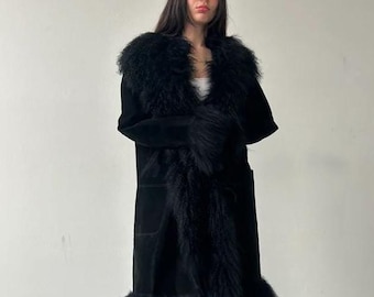 Vintage Penny Lane Mongolian Fur Coat | Long Coat | Women Shearling Afghan Coat | Wool Coat | Black Y2k Bohemian Toscana Coat |