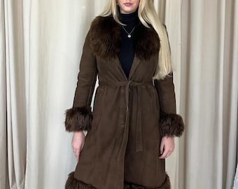 Women Brown Penny lane Long Coat 70s Afghan Shearling Fur Boho Coat Vintage Y2k Bohemian Belted Coat Wool Coat Gift For Her