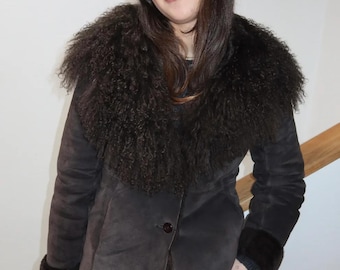 Vintage Penny Lane Jacket Shearling Fur Black Jacket Mongolian Fur Afghan Crop Jacket Fur Collar Winter Jacket Women