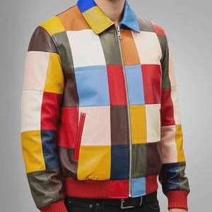 Handmade Multi-Color Patchwork Leather Jacket Vintage Checkered Retro Bomber Casual Streetwear Men’s Fashion Coat