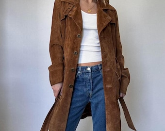 Women Brown Suede Coat | Single Breasted Long Coat | Suede Coat | Fallout Outwear Long Coat |