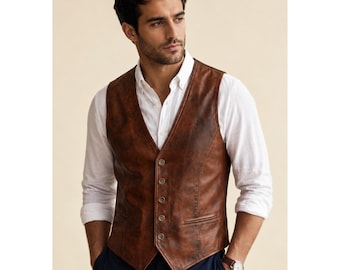 Mens Leather Vest Brown Leather Waistcoat Genuine Leather Vest Vintage Western Vest Biker Vest Gift For Him