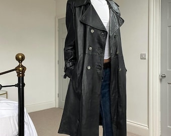 Women Double Breasted Long Leather Coat | 70s Style Belted Trench Coat | Women Black Outwear Overcoat | Fallout Leather Coat