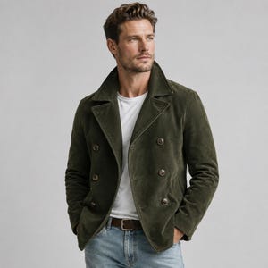 Puede incluir: Una chaqueta cruzada de color verde oliva con cuello ancho, mangas largas y seis botones oscuros. La chaqueta se lleva sobre una camiseta blanca lisa y unos vaqueros azul claro con un cinturón de cuero marrón con hebilla plateada.