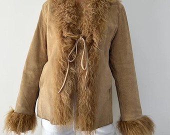 Women Penny Lane Coat Mongolian Fur Afghan Coat 70s Vintage Toscana Fur Coat Mid Length Suede Fur Coat