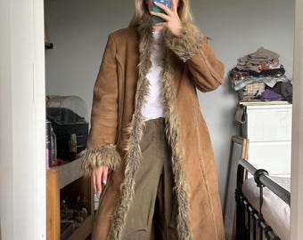 Women Brown Shearling Coat | Vintage Penny Lane Afghan Coat | Long Coat | 70s Y2k Bohemian  Trim Handmade Coat