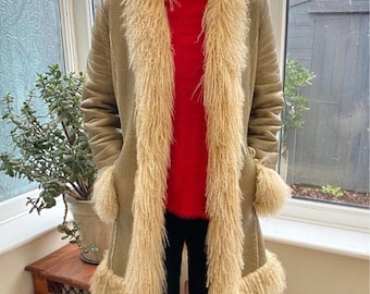 Women Penny Lane Sheepskin Coat Mongolian Fur Coat Shearling Toscana Fur Trim Afghan Coat Gray Boho Hippie Leather Coat Winter Coat
