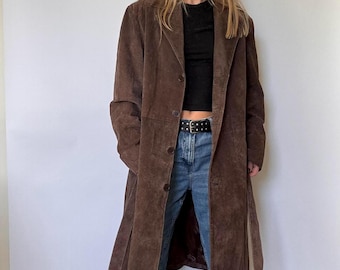 Women Brown Vintage Suede Coat - Long Leather Coat - 70s Style Trench Boho Outwear Belted Coat - Women Suede Fallout Coat