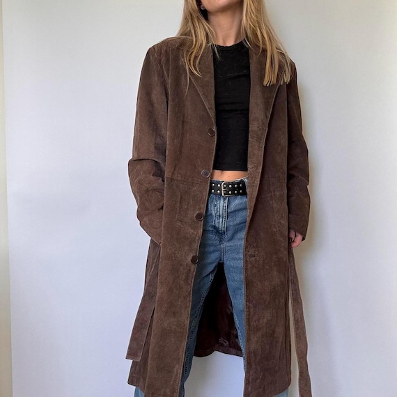 Women Brown Vintage Suede Coat - Long Leather Coat - 70s Style Trench Boho Outwear Belted Coat - Women Suede Fallout Coat