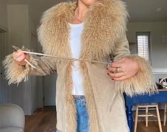 Women Mongolian Fur Trim Coat | Vintage Penny Lane Coat | 70s Boho Hippie Mid Length Wool Coat | Suede Leather Handmade Winter Coat