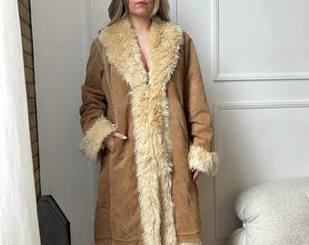 Penny Lane Long Coat Shearling Fur Brown Coat Women Vintage Fur Trim Afghan Coat Winter Brown  Boho Hippie Coat