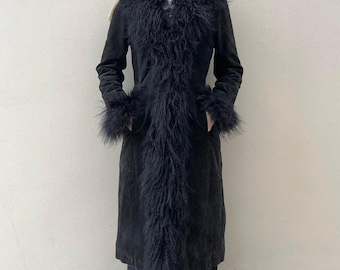 70s Vintage Penny Lane Long Coat Mongolian Fur Coat Black Afghan Y2k Bohemian Toscana Boho Coat Wool Coat Suede Fur Coat