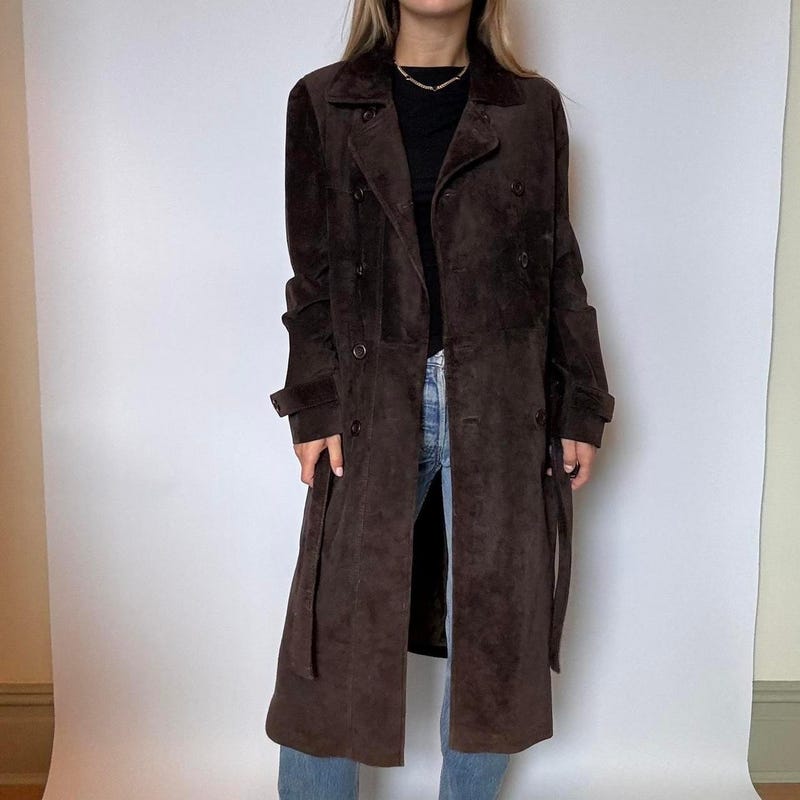 Double Breasted Lapel Shift Coat With Belt - Fashion Vintage Suede Long Coat Winter Outwear main image 0