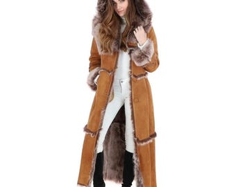 Women Penny Lane Long Hoodie Coat - 70s Boho Afghan Coat - Long Coat - Women Shearling Fur Coat - Vintage Style Y2k Bohemian Coat Wool Coat