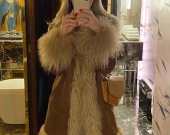 Penny lane Coat Women Mongolian Fur Coat Shearling Coat Toscana Fur Trim Afghan Coat Brown Vintage Fur Long Coat Boho Hippie Leather Coat