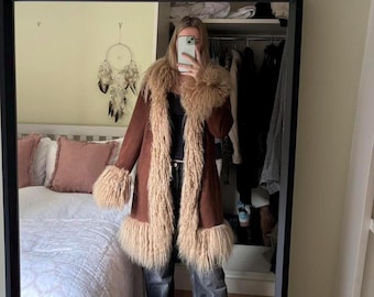 Vintage Penny lane Coat Mongolian Fur Coat Women Shearling Coat Toscana Fur Trim Afghan Coat Brown  Fur Long Coat Boho Hippie Leather Coat