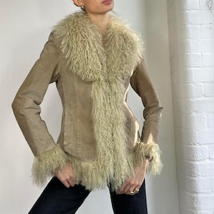 Penny Lane Coat | Mongolian Fur Coat | Women 70s Bohemian Afghan Shearling Coat | Women Boho Winter Coat | Brown Suede Leather Women Coat |