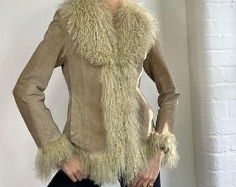 Penny Lane Coat | Mongolian Fur Coat | Women 70s Bohemian Afghan Shearling Coat | Women Boho Winter Coat | Brown Suede Leather Women Coat |