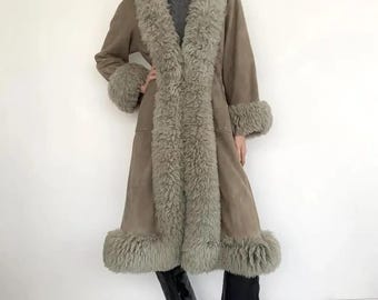 Women Penny Lane Long Coat | Vintage Style Afghan Shearling Coat | 70s Boho Hippie Unique Fur Trim Coat | Winter Coat |