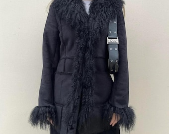 Women Vintage Penny Lane Coat  Mongolian Fur Coat Shearling Afghan Coat 70s Y2k Bohemian Black Coat Wool Coat Winter Coat Women