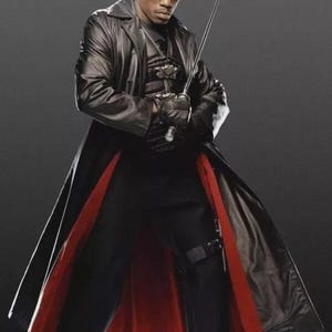 May include: A person wearing a black leather trench coat with a red lining, black pants, and sunglasses, holding a sword. The image is set against a dark gray background.