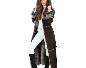 Women Penny Lane Long Leather Trench Coat Shearling Coat Long Boho Hippie 70s Vintage Afghan Coat Wool Coat Long Coat