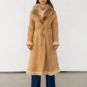 Penny Lane Coat Women Shearling Fur Coat Brown Long Coat Boho Hippie Belted Coat 80s Vintage Afghan Coat Suede Long Winter Coat