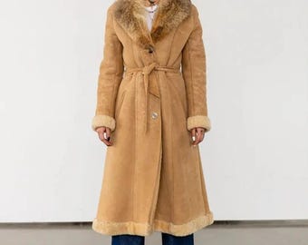 Penny Lane Coat, Women's Brown Shearling Afghan Coat, Boho Belted Winter Coat