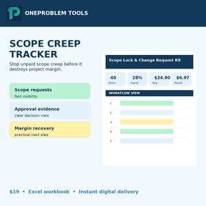 Può includere: Uno strumento digitale di monitoraggio dello scope creep Scope Creep Tracker di OneProblem Tools con un kit di blocco dello scopo e richiesta di modifica. L'interfaccia mostra viste del flusso di lavoro, metriche per elementi, segnale, media e risultato, insieme a sezioni per le richieste di scopo.