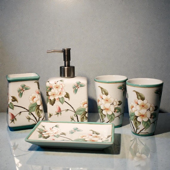 Floral Ceramic Bathroom Accessory Set: Botanical Vanity Decor