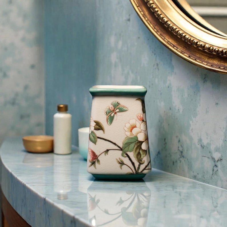 K&ouml;nnte beinhalten: Eine dekorative Keramikvase mit Blumen- und Schmetterlingsmuster. Die Vase hat einen cremefarbenen Sockel mit gr&uuml;nen Zierleisten und ist mit rosa und wei&szlig;en Blumen sowie einem gr&uuml;nen Schmetterling verziert. Sie steht auf einer Marmorarbeitsplatte.