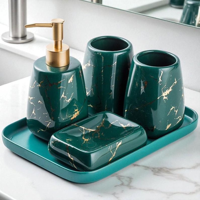 Marble Effect Bathroom Accessory Set: Soap Dispenser, Soap Dish ...