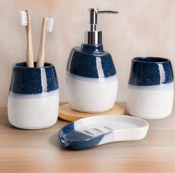 Marineblau Keramik Badezimmer Zubehör Set: Seifenspender, Schale, Becher