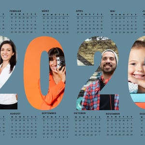 May include: 2023 calendar with a blue background. The numbers of the year are filled with images of people. The months are listed across the top and bottom of the calendar.