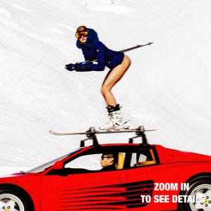 A woman skiing on a snowy slope, wearing a blue jacket and ski gear, with a red sports car parked nearby.