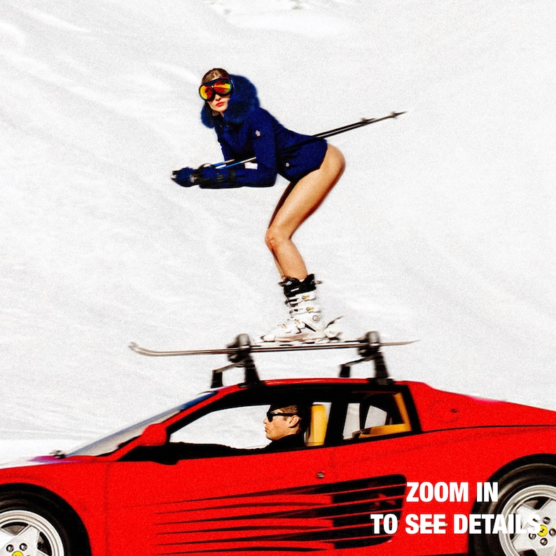 A woman skiing on a snowy slope, wearing a blue jacket and ski gear, with a red sports car parked nearby.
